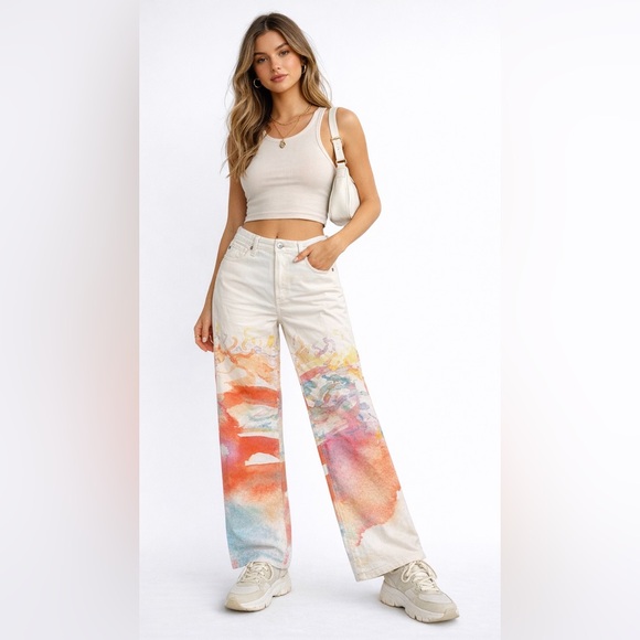 Ag Adriano Goldschmied Denim - Ag Adriano Goldschmied Saige Mid-Rise Wide-Leg Jeans with Watercolor Wash, sz 28